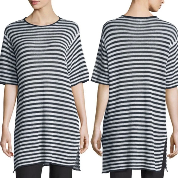 New Eileen Fisher Striped Organic Linen Tunic Graphite  White NWT Casual Medium - Picture 1 of 9